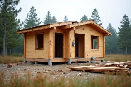 Chalet en bois de 20m2 en cours de construction avec des erreurs structurelles visibles, panneaux mal alignés et charpente inachevée en milieu rural