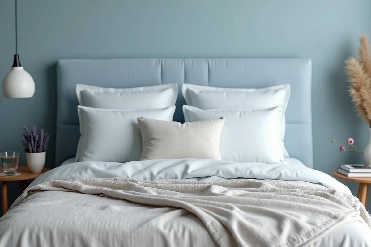 Chambre décorée en bleu doux et tons naturels avec literie en lin pour favoriser un sommeil réparateur et réduire les réveils nocturnes