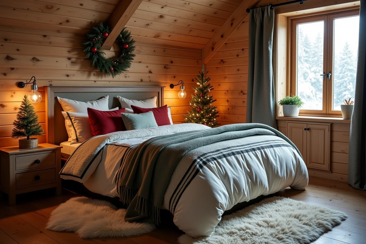 Chambre de chalet décorée pour Noël avec style nordique, plaid en laine, petit sapin sur table de chevet et couronne botanique séchée