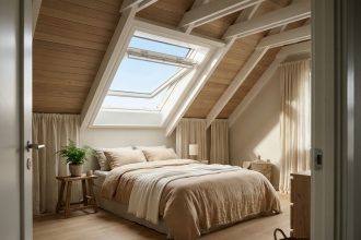 Chambre sous combles aménagée avec un velux ouvert laissant entrer le ciel, lit en lin beige sous une fenêtre de toit, poutres apparentes blanches et parquet en chêne clair
