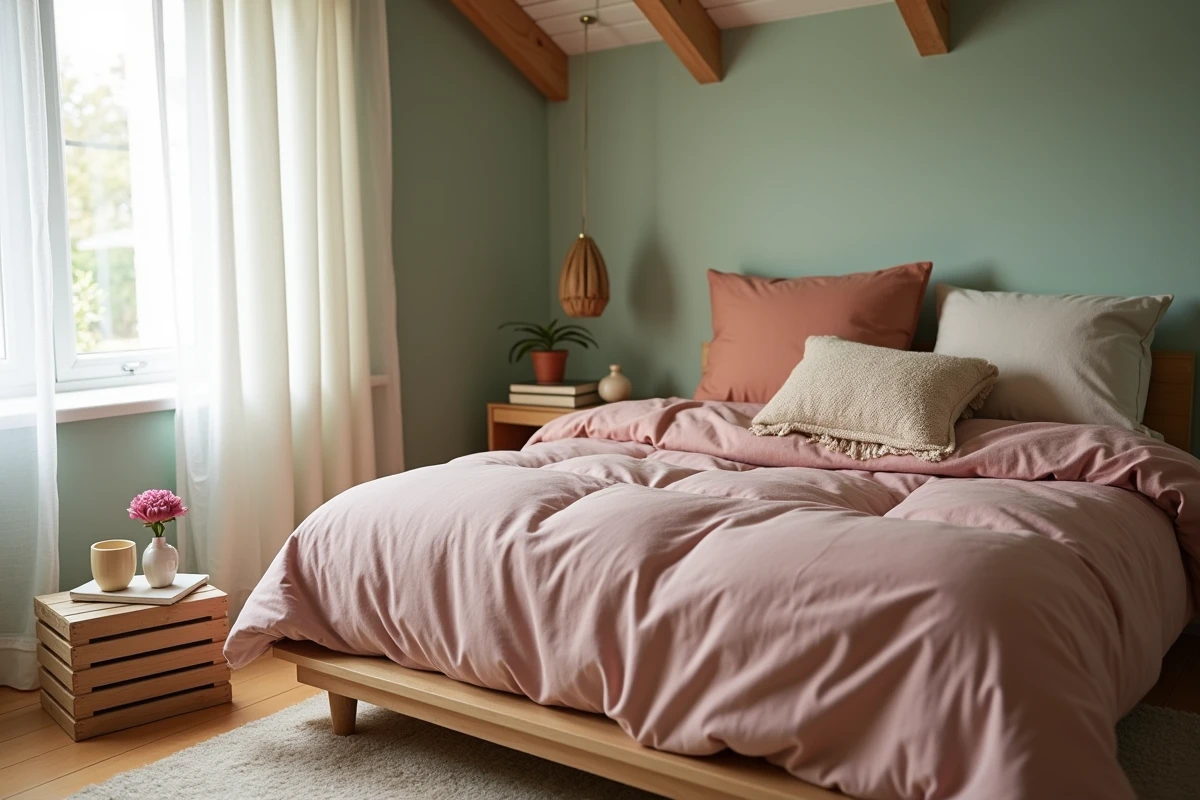 Chambre cosy aux tons pastel avec literie abordable en coton et lin, décoration de printemps inspirée des tendances Callmespring