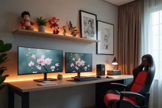Chambre gaming décorée sur un thème manga et anime avec bureau en bois, figurines et prints encadrés, ambiance épurée sans surcharge visuelle