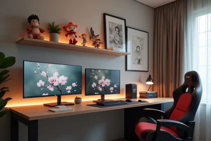 Chambre gaming décorée sur un thème manga et anime avec bureau en bois, figurines et prints encadrés, ambiance épurée sans surcharge visuelle
