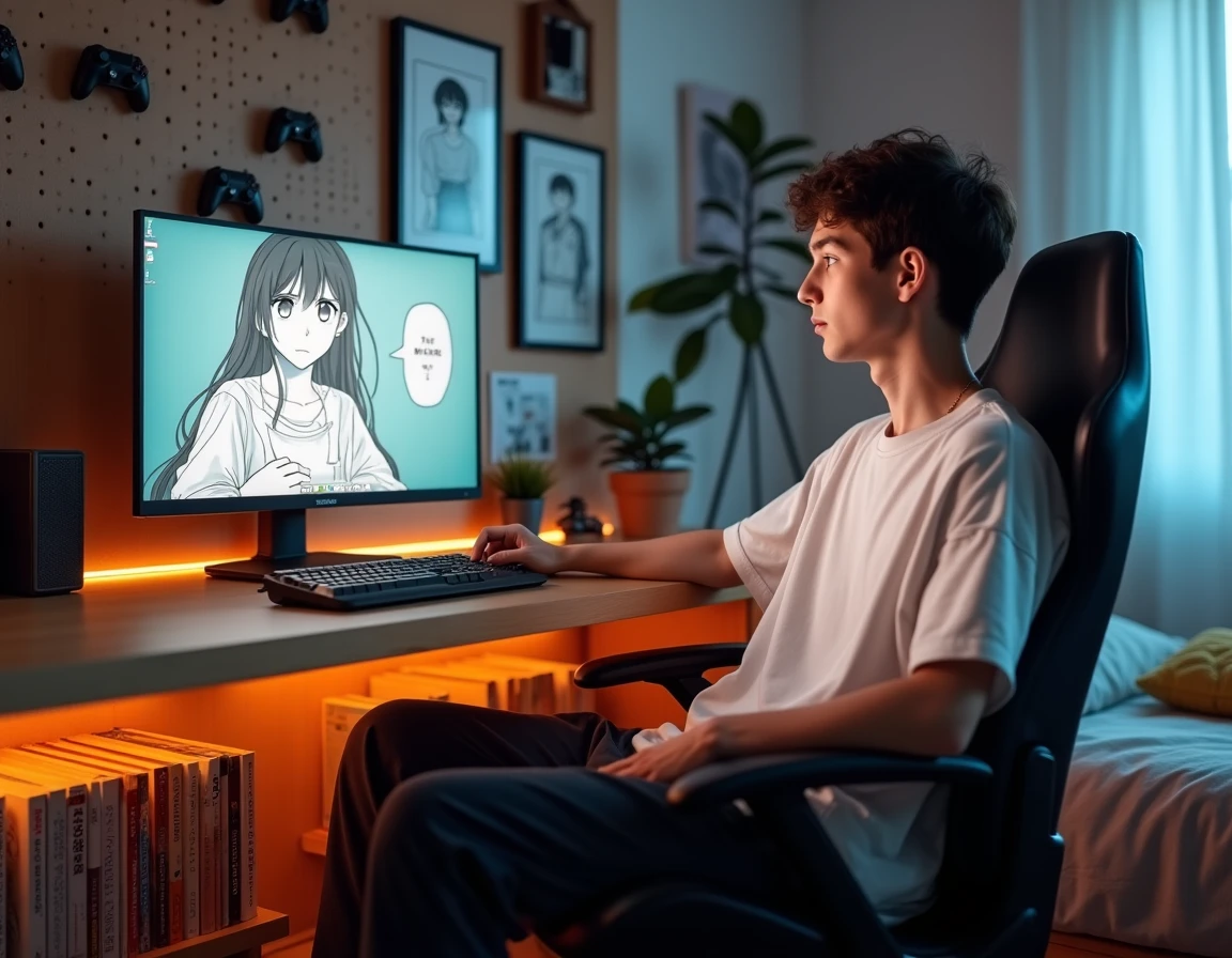 Jeune homme assis dans un fauteuil gaming face à un écran dans une chambre décorée manga avec pegboard, étagère de mangas et accents néon discrets