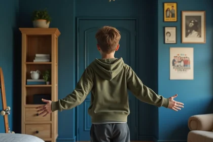 Adolescent debout devant un mur peint en bleu marine dans sa chambre décorée avec des étagères en bois et un skateboard
