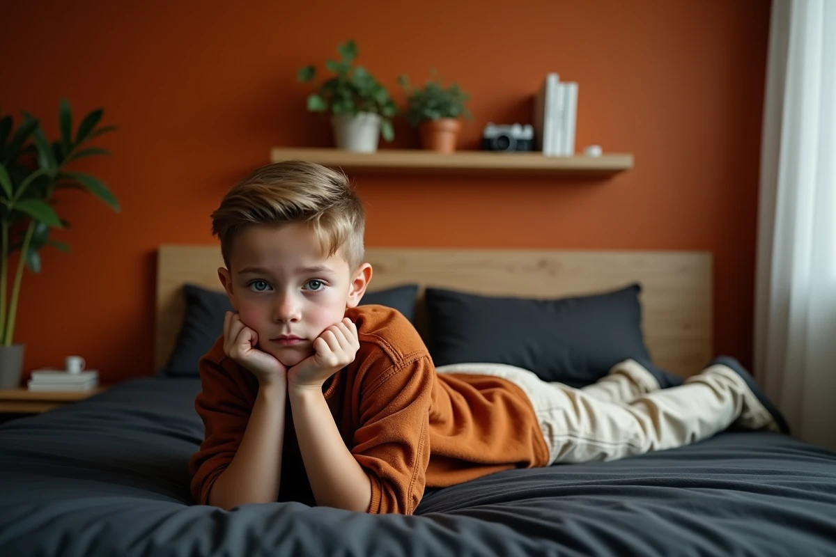 Jeune garçon allongé sur son lit devant un mur terracotta mat dans une chambre ado au style minimaliste et chaleureux