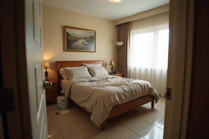 Chambre parentale mal aménagée avec literie dépareillée et décoration incohérente cassant l'ambiance chaleureuse