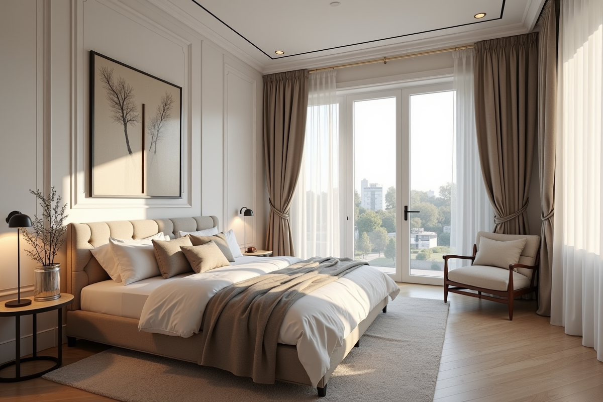 Chambre sophistiquée avec fenêtres françaises et rideaux premium