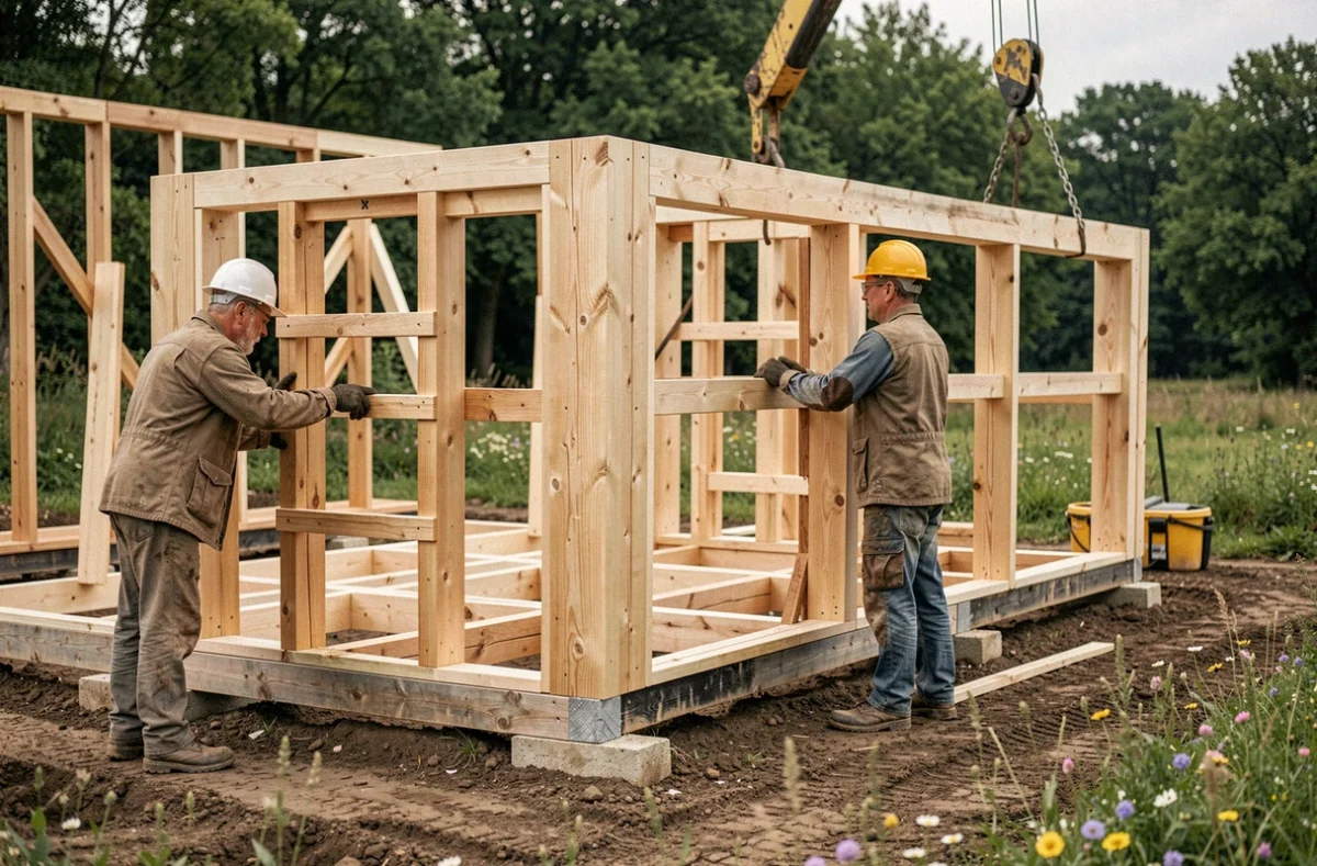 Ouvriers assemblant des modules préfabriqués en bois sur un chantier de maison écologique