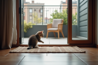 Jeune chaton tabby explorant un balcon d'appartement moderne