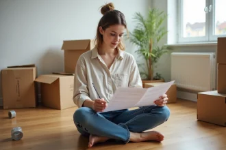 Femme consultant une checklist de déménagement entourée de cartons dans un appartement vide
