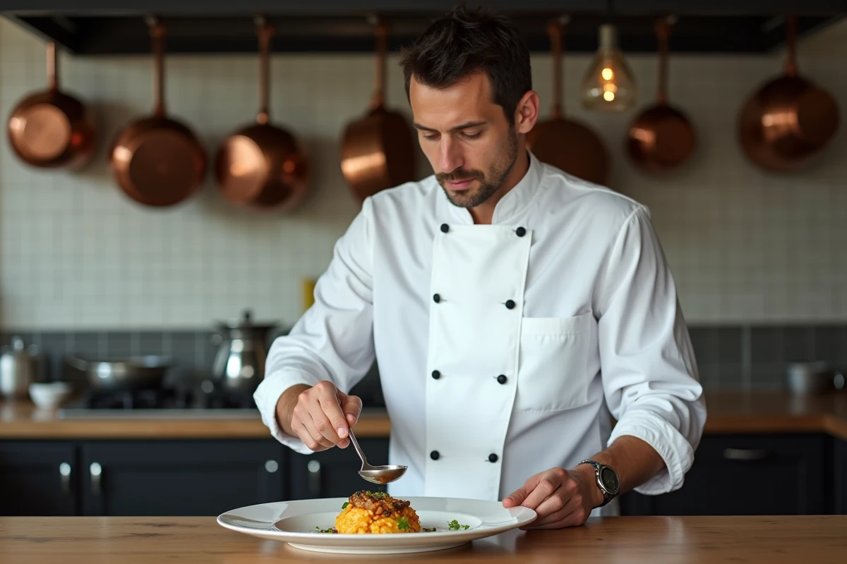 Chef cuisinier de la Maison Aimable en train de dresser une assiette dans la cuisine ouverte