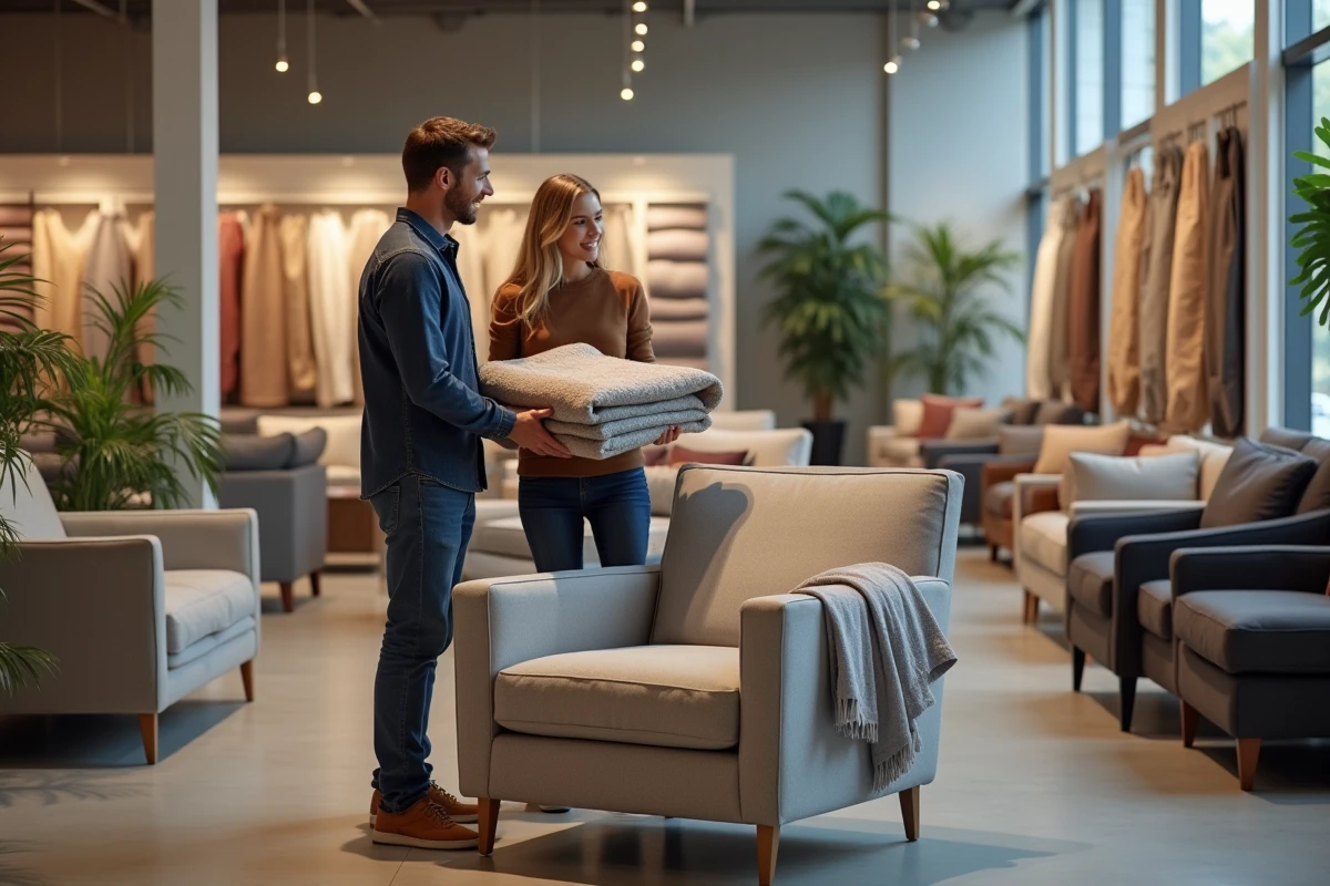 Couple en magasin comparant deux housses extensibles pour fauteuil de couleurs différentes