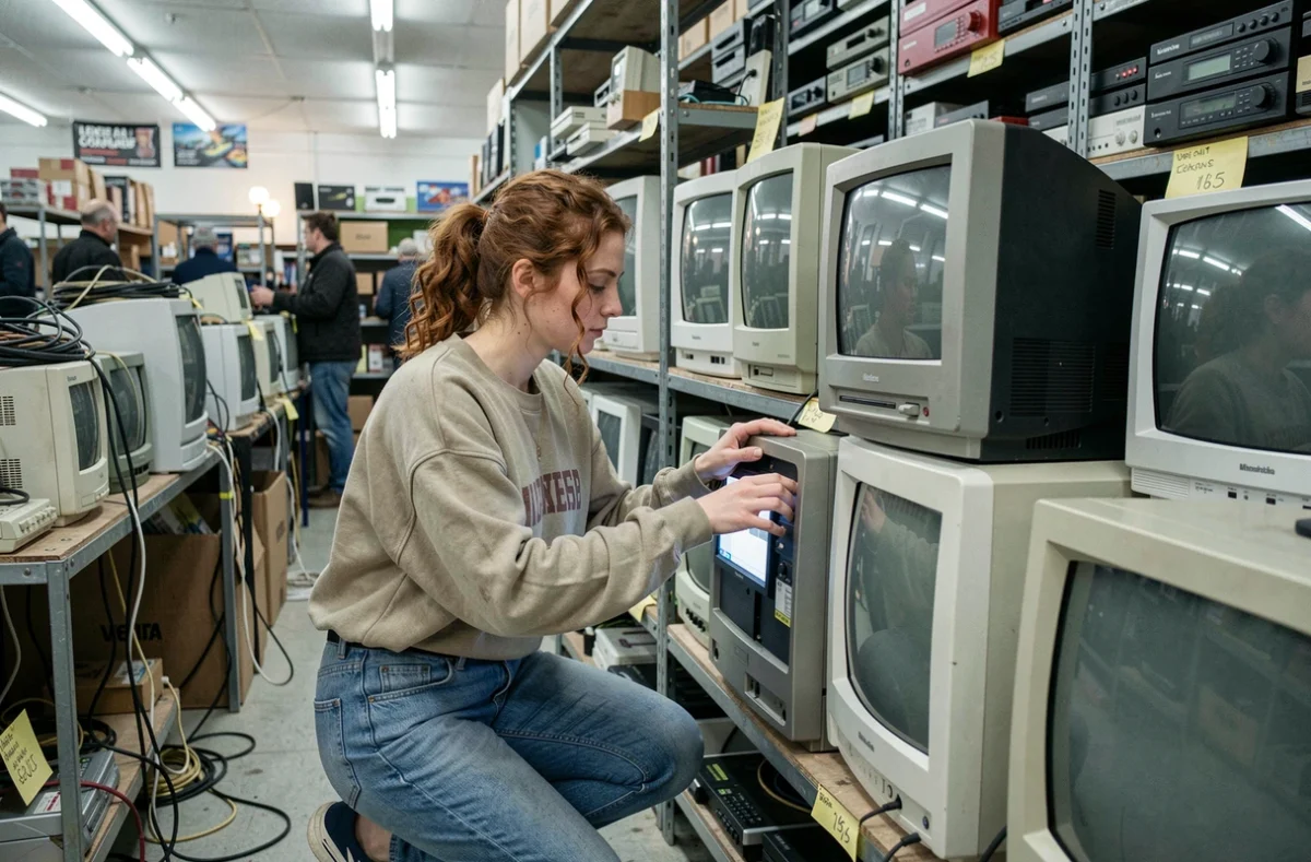 Jeune femme inspectant des téléviseurs CRT vintage dans un vide-grenier spécialisé en électronique rétro et consoles anciennes