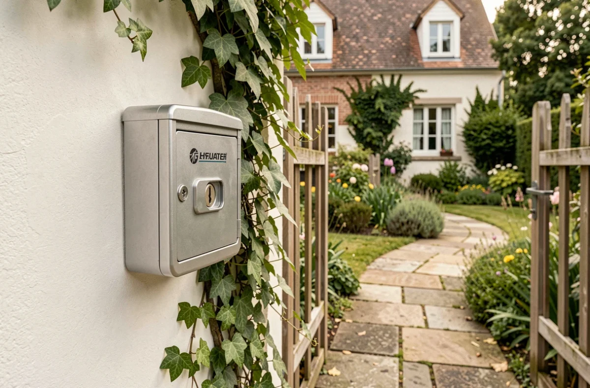 Coffre à clé à combinaison installé sur un mur extérieur blanc près d'un portail de jardin en milieu périurbain