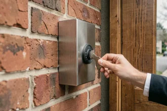 Coffre à clé extérieur en acier inoxydable fixé sur un mur en briques rouges à côté d'une porte d'entrée en bois