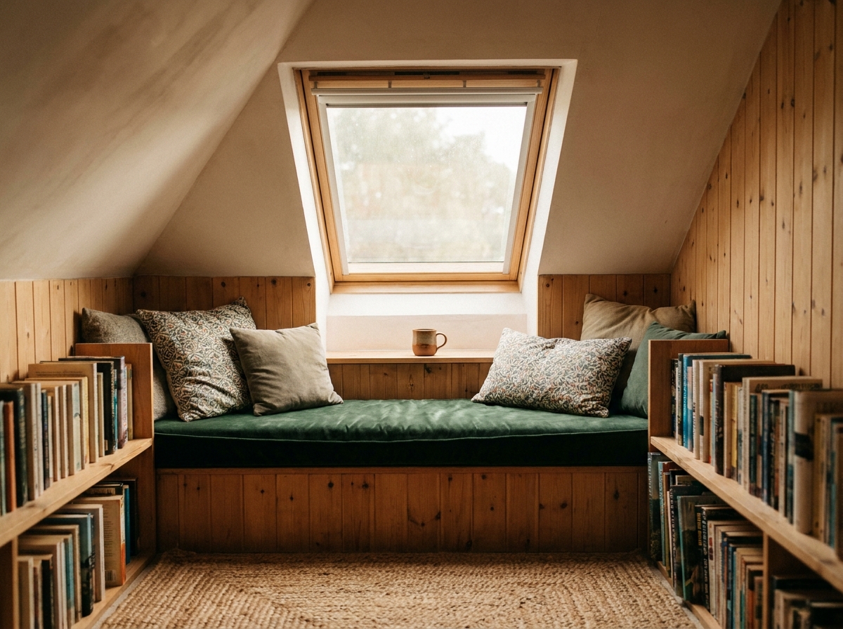 Coin lecture douillet sous les combles avec banquette en velours vert installée sous un velux, bibliothèque encastrée, tapis en jute et plafond incliné en pin naturel
