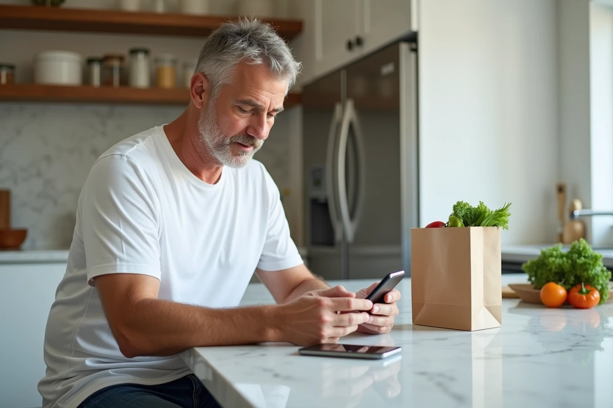 Homme utilisant l'application Carrefour sur mobile pour commander ses courses depuis sa cuisine