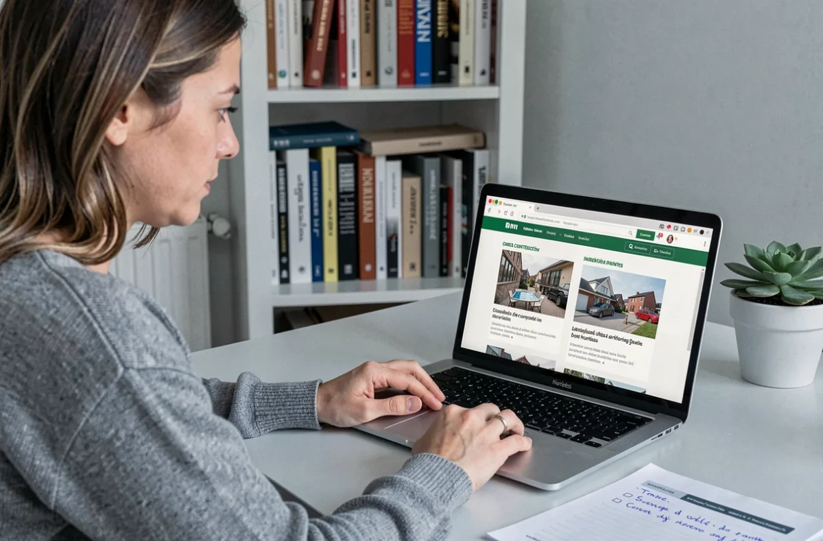 Femme comparant des profils d'artisans sur un site internet depuis son bureau à domicile à Nantes