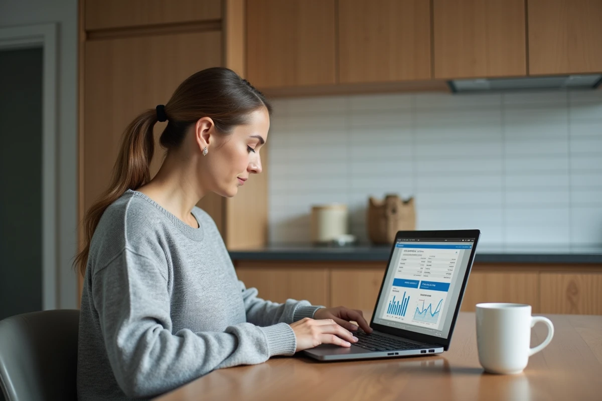 Femme comparant des devis de rénovation en ligne sur un ordinateur portable dans une cuisine semi-rénovée
