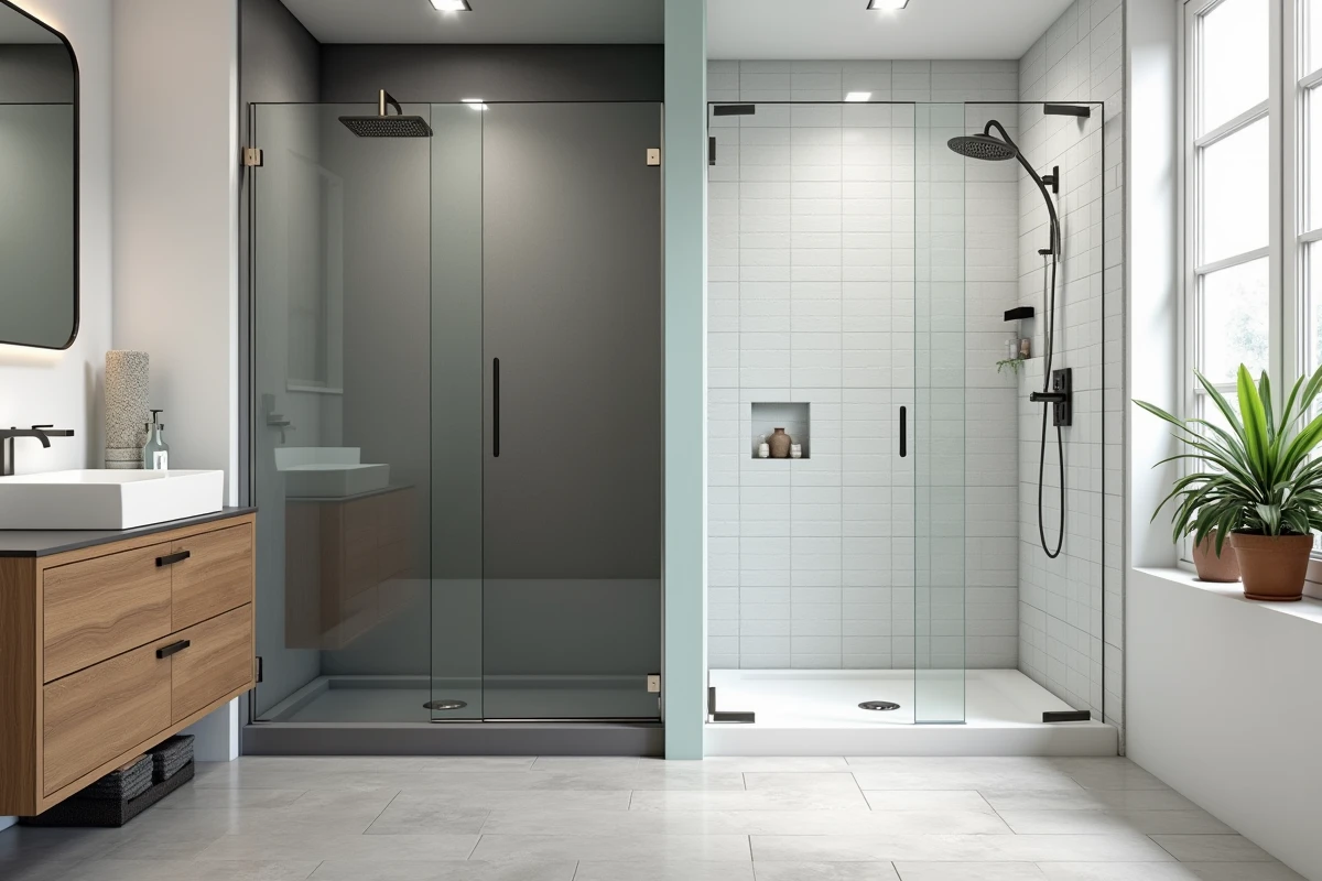 Comparaison côte à côte d'un receveur de douche extra plat anthracite et d'une douche à l'italienne carrelée dans une salle de bain moderne