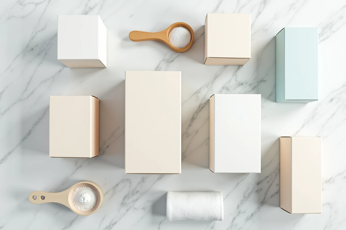 Comparatif de boîtes de lessive en poudre disposées en flat lay sur marbre blanc avec doseur en bois