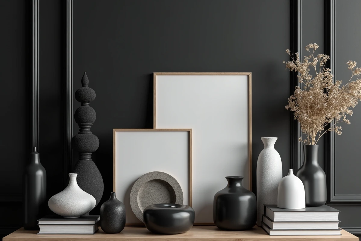 Console décorée en excès avec des objets noir et blanc sans harmonie, erreur courante en décoration de salon