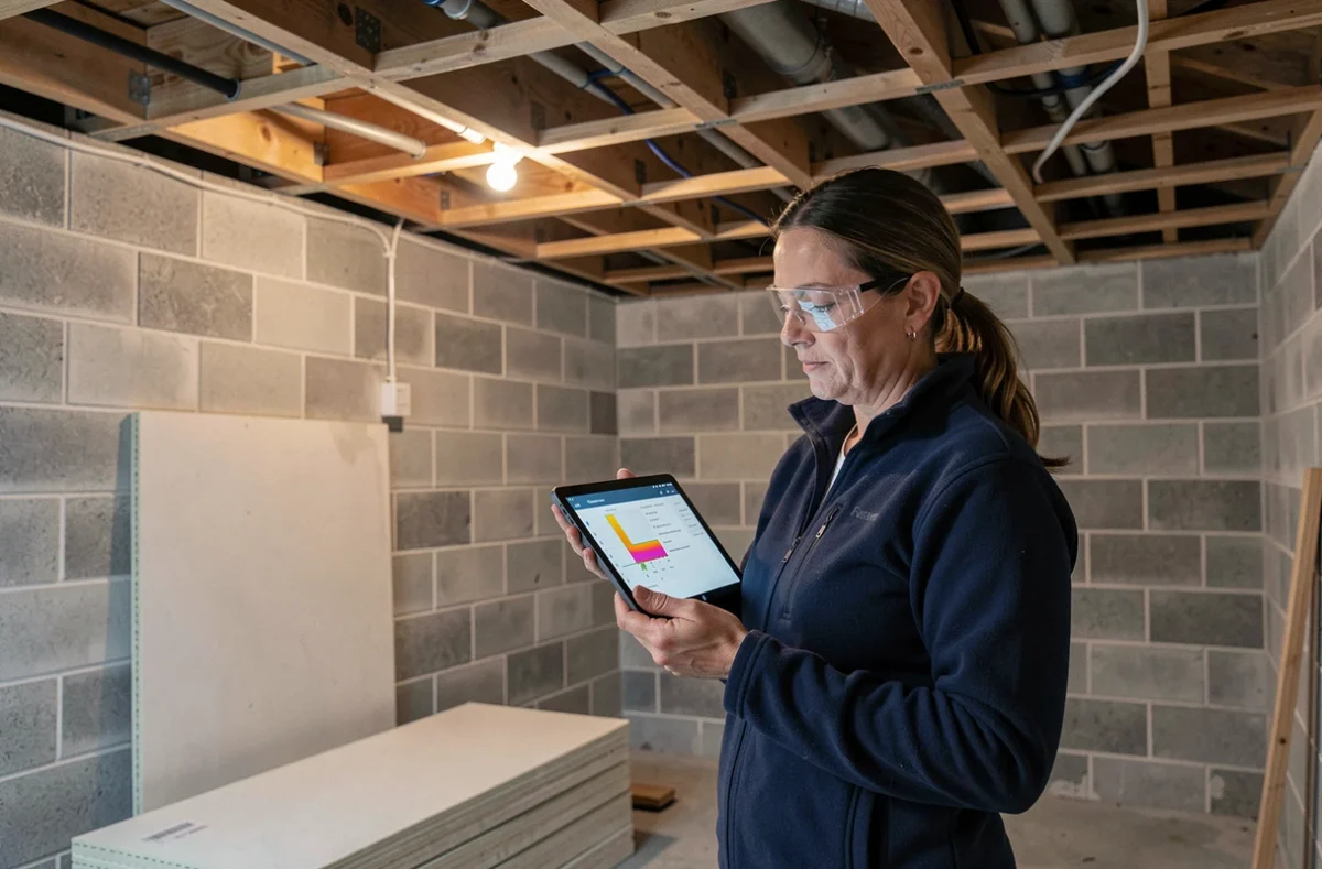 Consultante en performance thermique analysant les données de ponts thermiques sur tablette devant un système de poutres POSI en sous-sol de bâtiment résidentiel