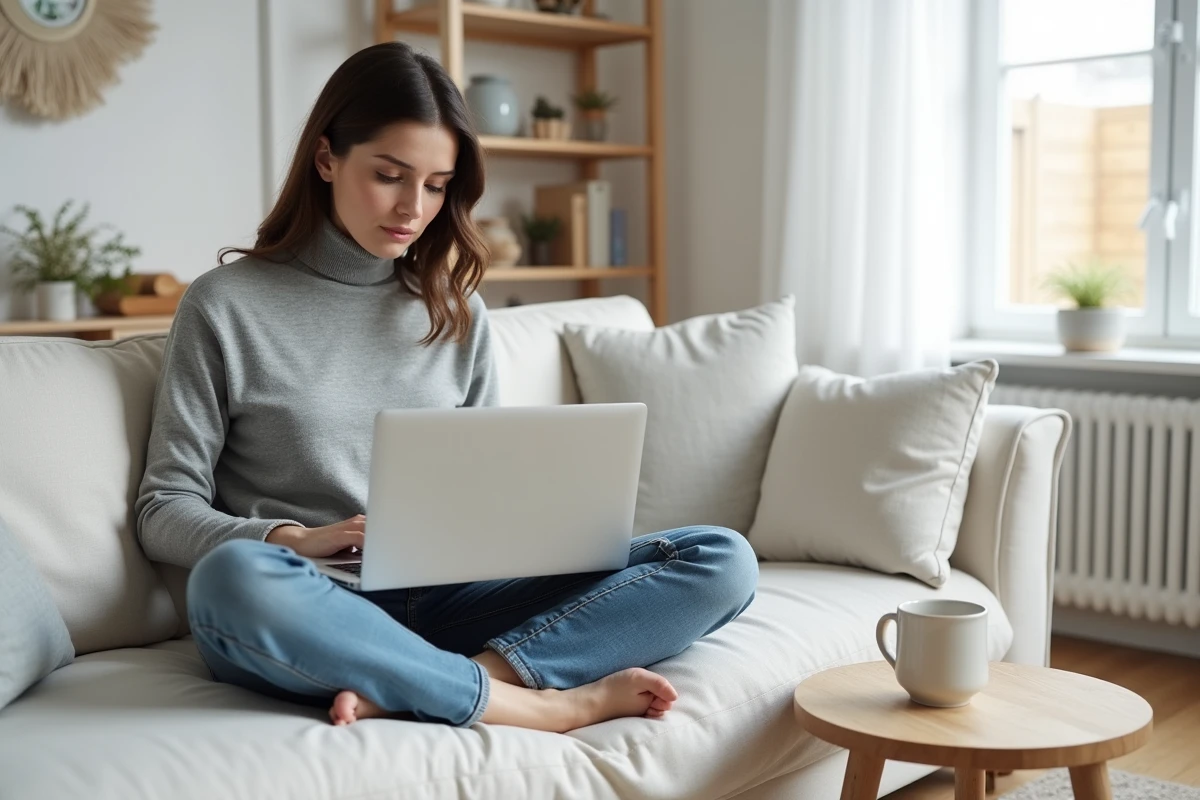 Jeune femme consultant le site Maisonkayro.fr sur un ordinateur portable dans un intérieur moderne en 2026