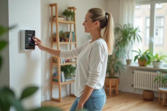 Femme examinant un moniteur de qualite d air dans un salon