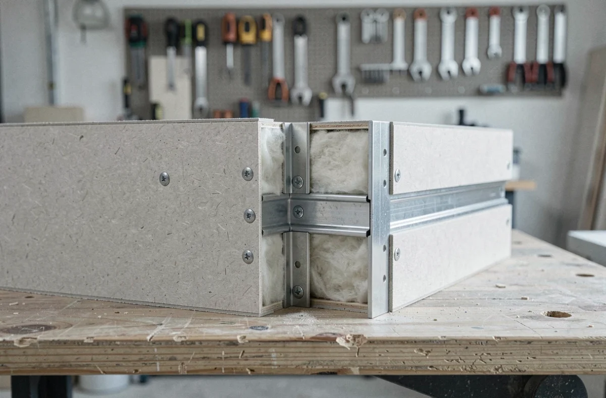 Coupe transversale d'un mur en double placo avec isolant acoustique et rails métalliques