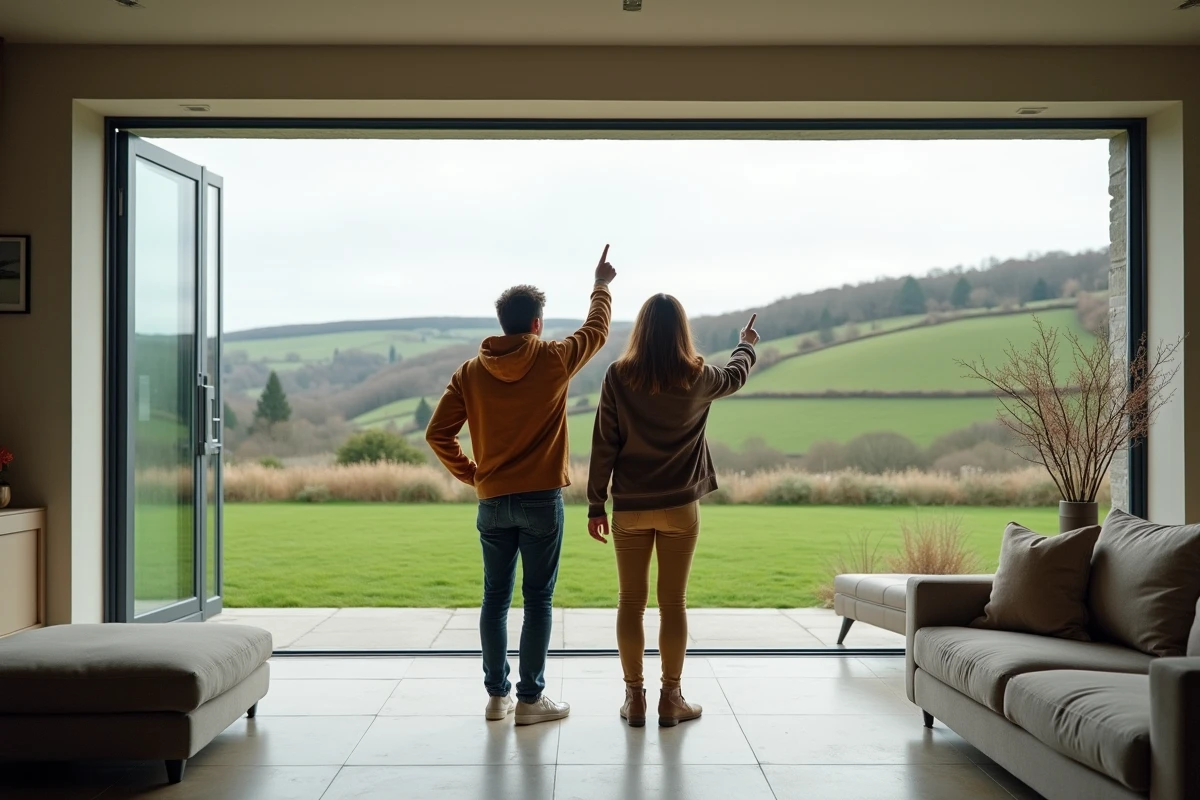 Couple admirant leur grande baie vitrée panoramique installée dans un salon contemporain en Bretagne