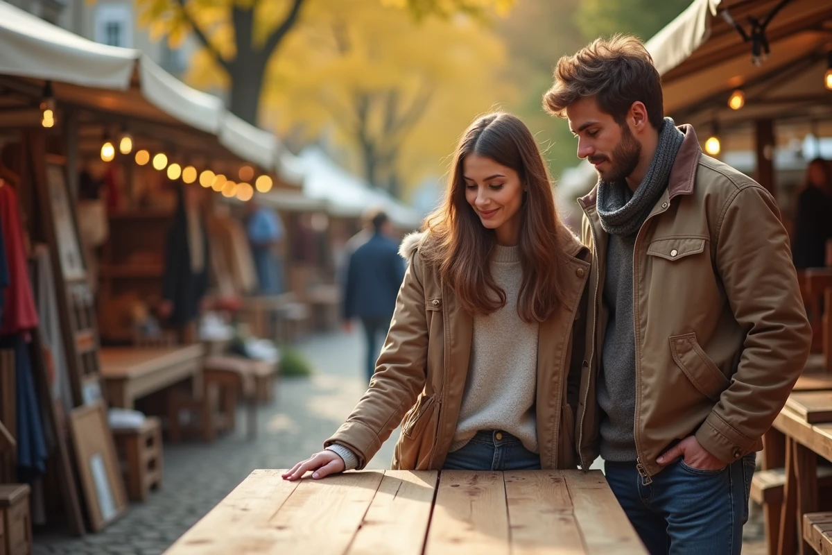 Couple examinant une table en bois d'occasion dans un marché aux puces en plein air à l'automne