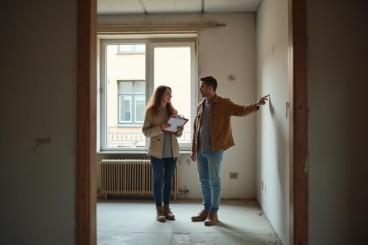 Couple évaluant les frais cachés d'un appartement vide avec une checklist de déménagement