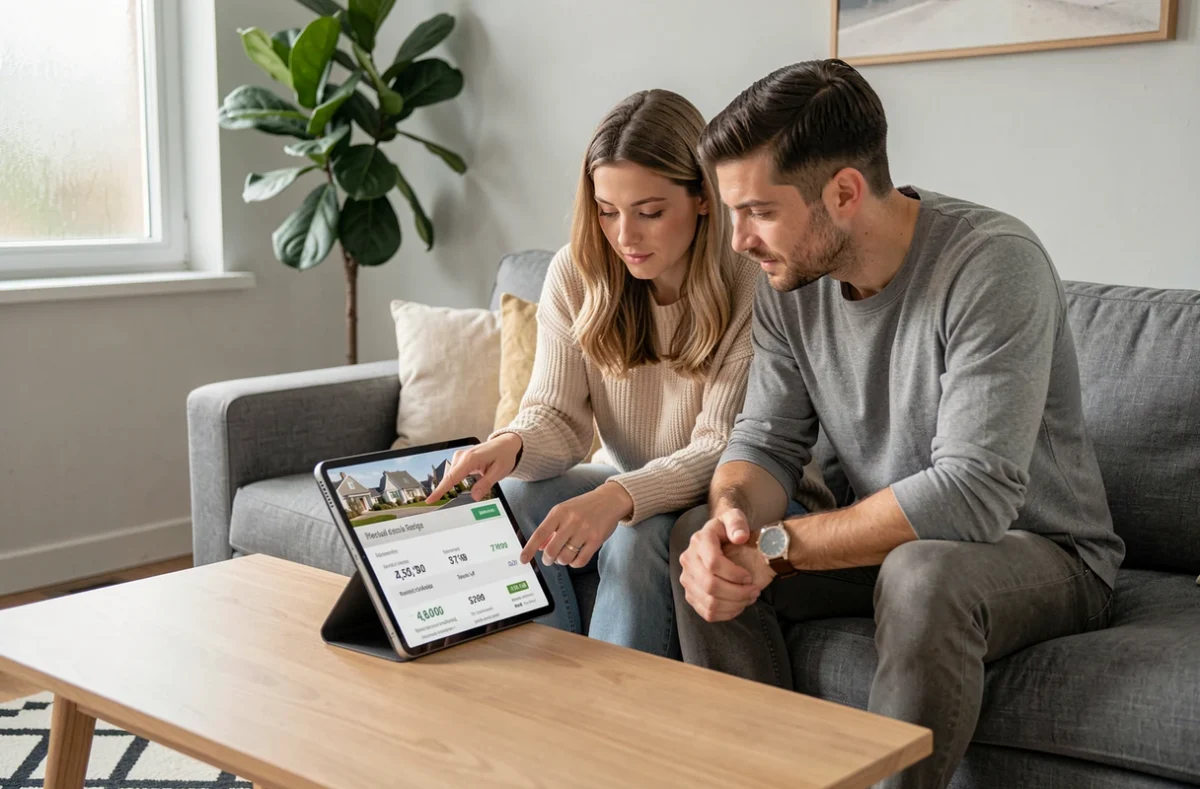 Couple examinant ensemble les prix d'un site immobilier sur une tablette dans un salon scandinave
