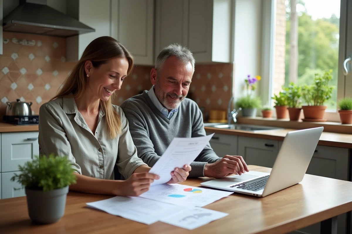 Couple français consultant les résultats d'un audit énergétique et les aides disponibles sur un ordinateur portable dans leur cuisine