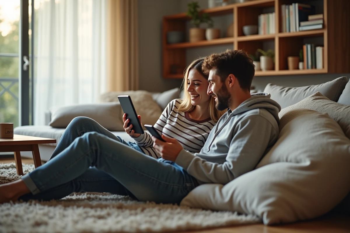 Couple faisant leurs courses en ligne sur Carrefour avec tablette et smartphone dans leur appartement