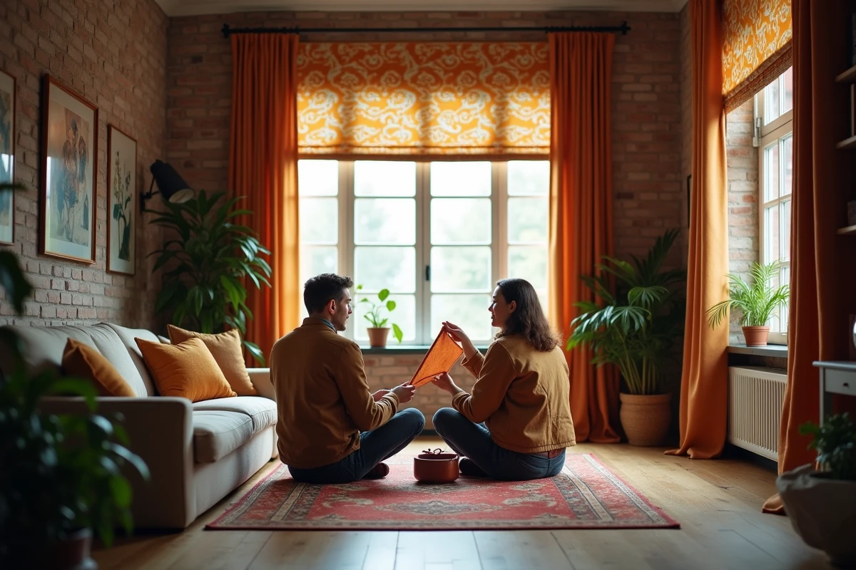 Couple dans le salon discutant avec tissus et rideaux