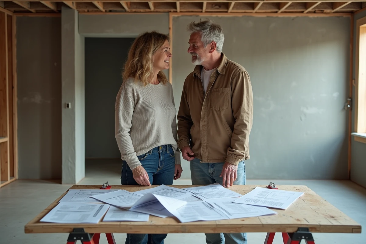 Couple étudiant des devis de travaux de rénovation dans un appartement en chantier avec murs mis à nu