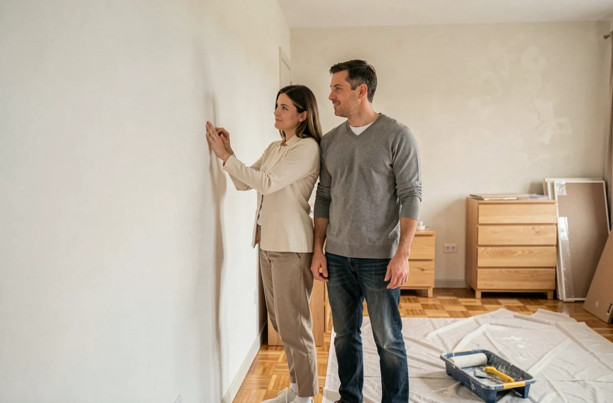 Couple inspectant un mur en double placo fraîchement posé dans une chambre rénovée