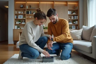 Jeune couple examine un appareil IDS 2 0 dans un salon moderne