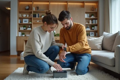 Jeune couple examine un appareil IDS 2 0 dans un salon moderne