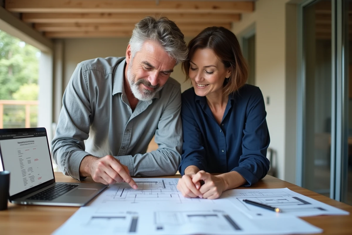 Couple étudiant les plans et devis pour la construction d'une véranda avec contraintes d'urbanisme