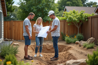 Couple en extérieur examinant des plans dans leur jardin