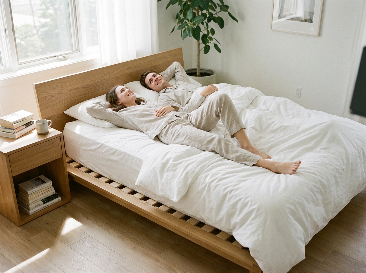 Jeune couple relaxant sur leur lit en pyjama