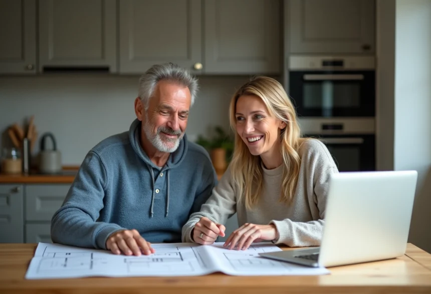 Couple de middleaged discutant de plans de rénovation dans la cuisine