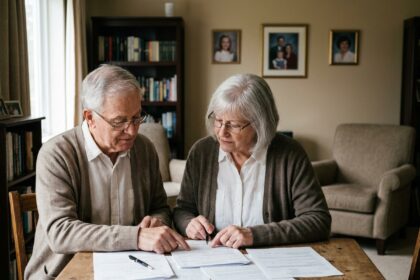 Couple de seniors examinant des documents notariaux pour une donation immobilière avec réserve d'usufruit à leur domicile