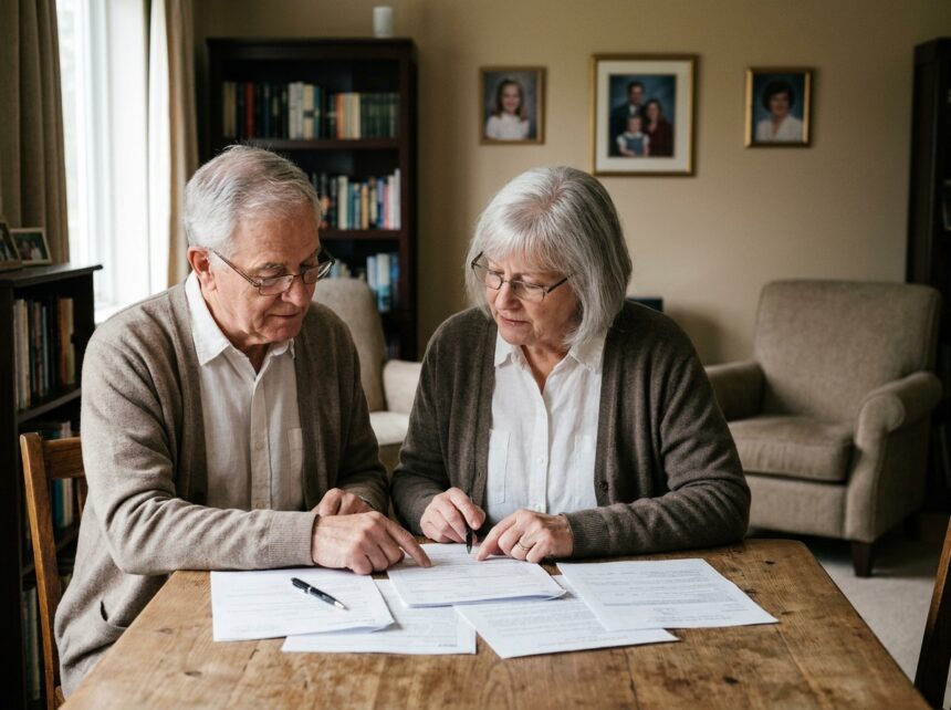 Couple de seniors examinant des documents notariaux pour une donation immobilière avec réserve d'usufruit à leur domicile