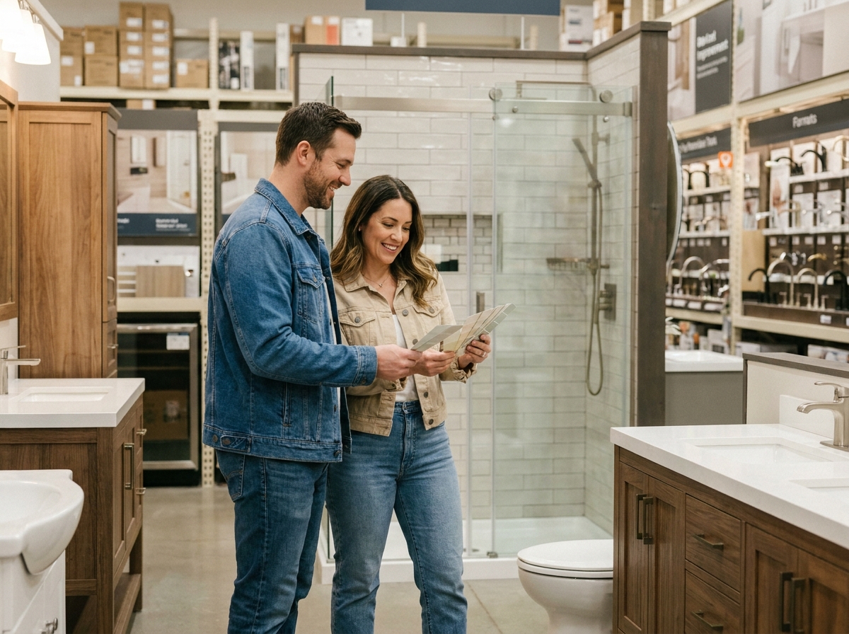 Couple choisissant une douche italienne dans le showroom salle de bain Castorama