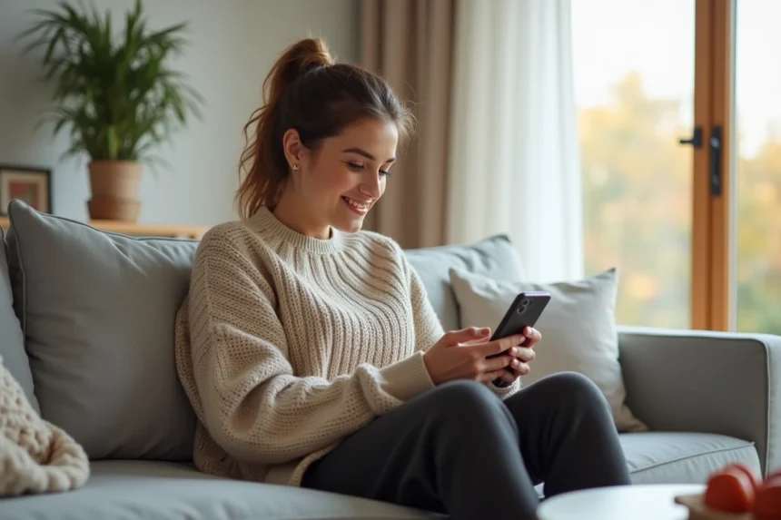 Femme faisant ses courses Carrefour en ligne sur smartphone depuis son canapé dans un salon moderne